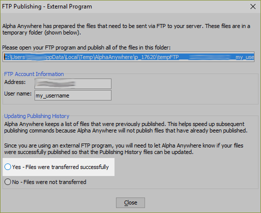 Confirm files were uploaded successfully using an external FTP program.